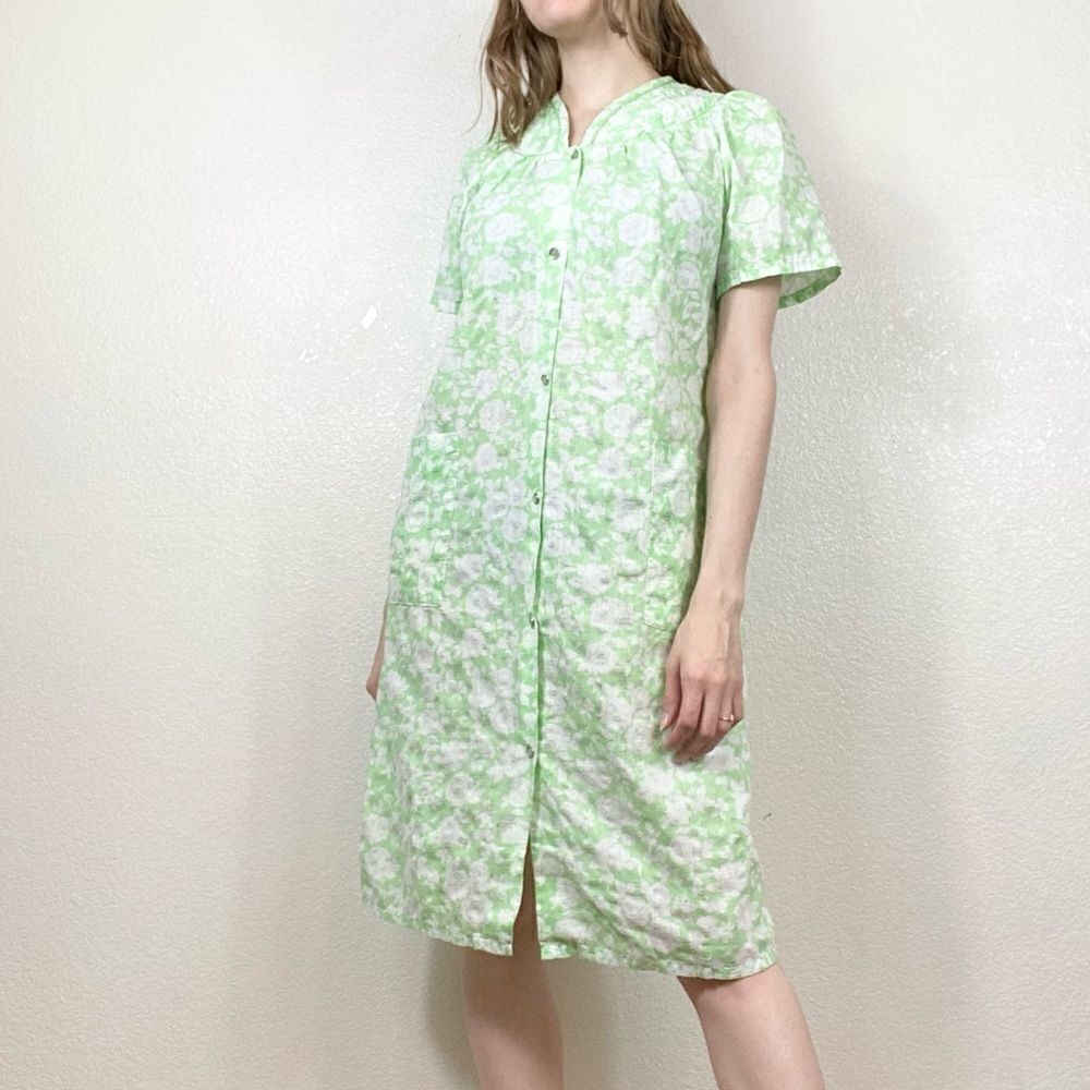 Green & White Rose Floral Granny Nightgown Dress